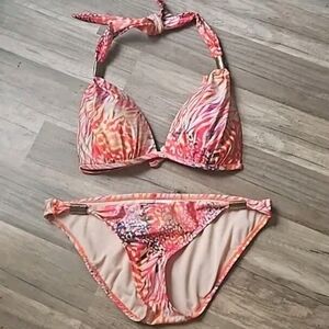 🥳3 For $15🥳Pink Orange Animal Multi-Print Halter Bikini W/ Metal Accents